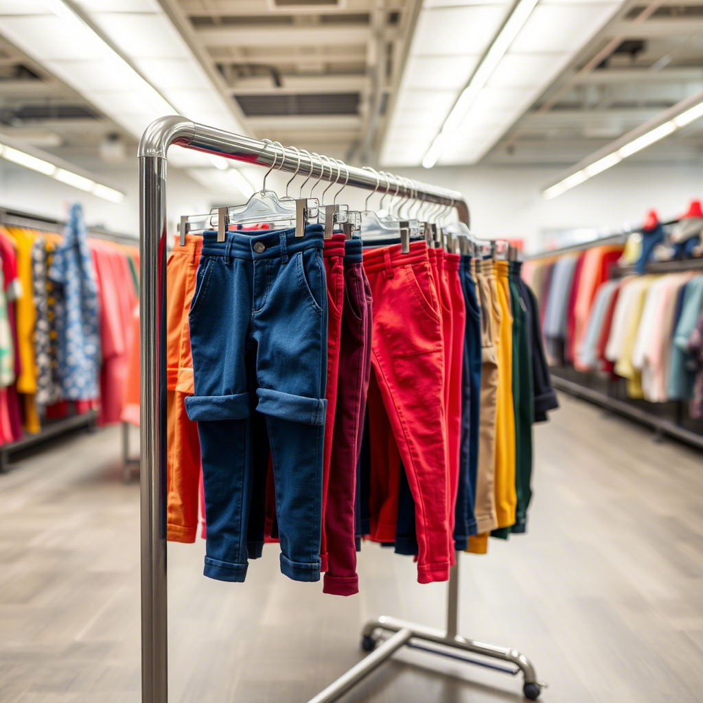Vibrant children’s pants displayed on a clothing rack in a factory outlet
