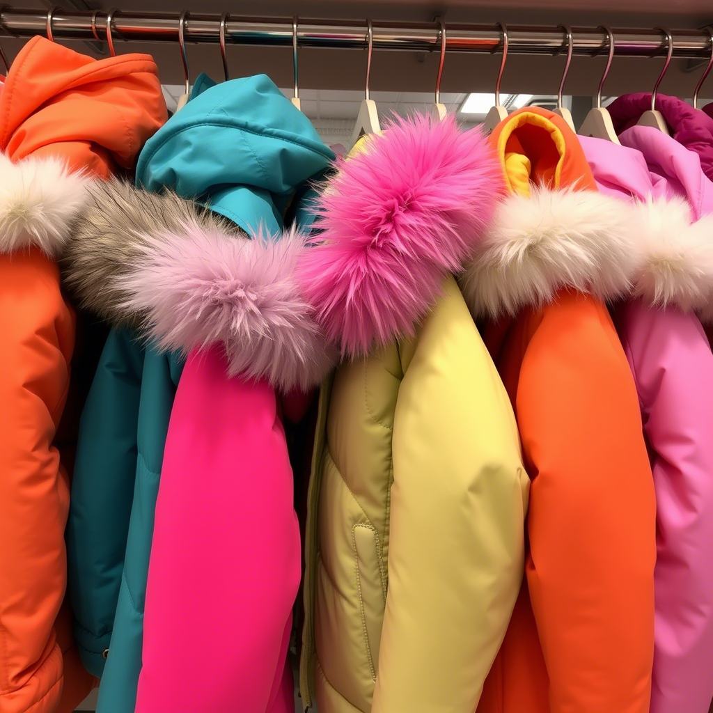 Vibrant children’s winter coats hanging on a store rack