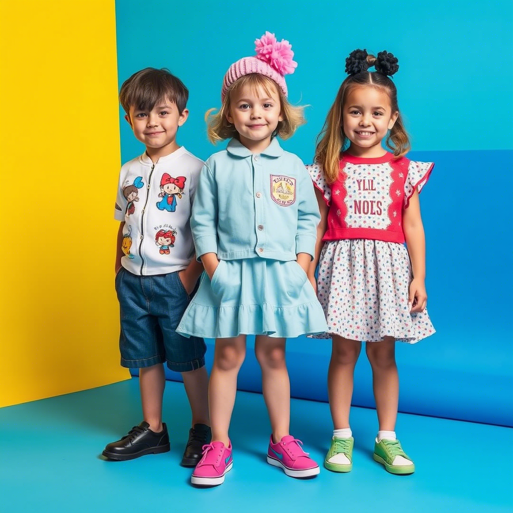 Vibrant clothing collection for kids from top fashion designers displayed