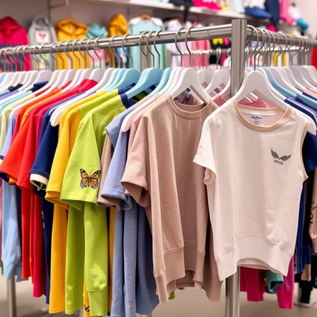 Vibrant clothing racks displaying children’s apparel with brand logos