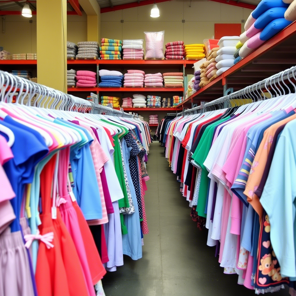 Vibrant clothing racks filled with children's apparel in a Chinese warehouse