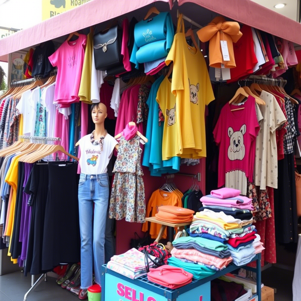 Vibrant clothing stall with diverse girls’ apparel on display