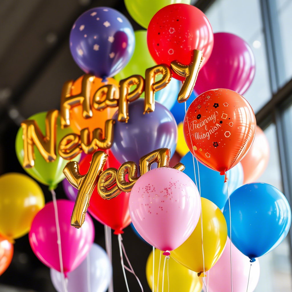 Vibrant colorful balloons floating with New Year’s wishes