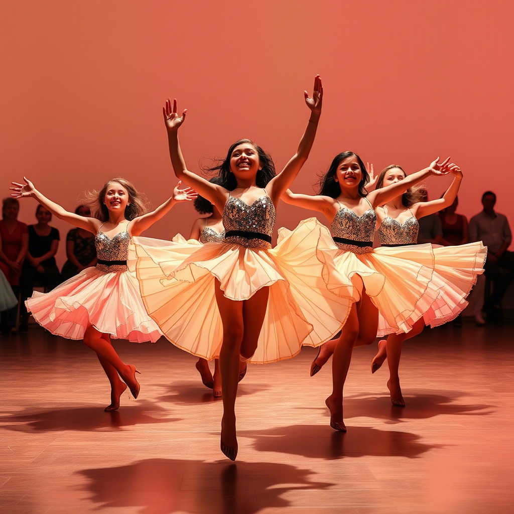 Vibrant dance troupe with sequined skirts leaping in perfect sync