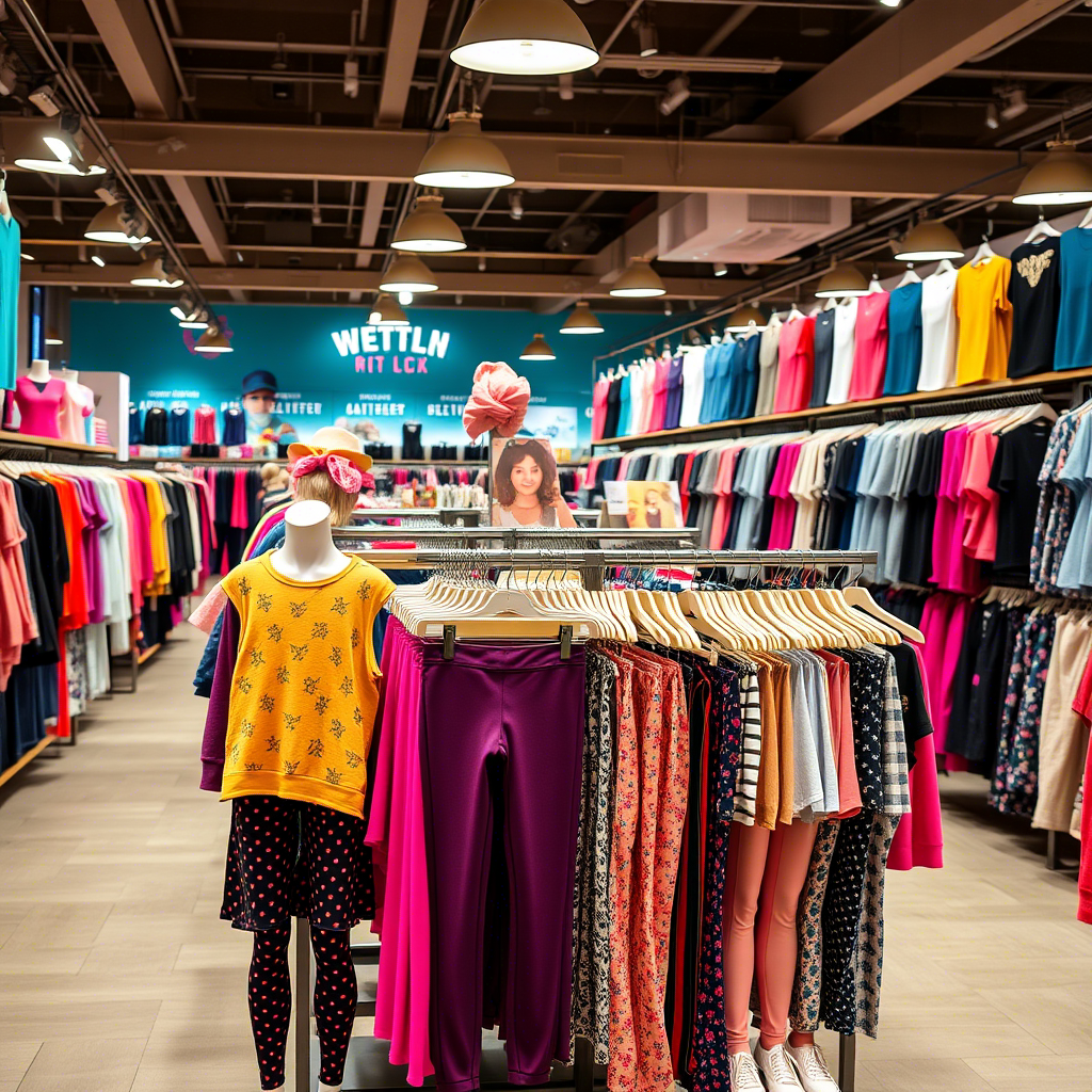 Vibrant display of girls’ leggings and tops in a bustling clothing store