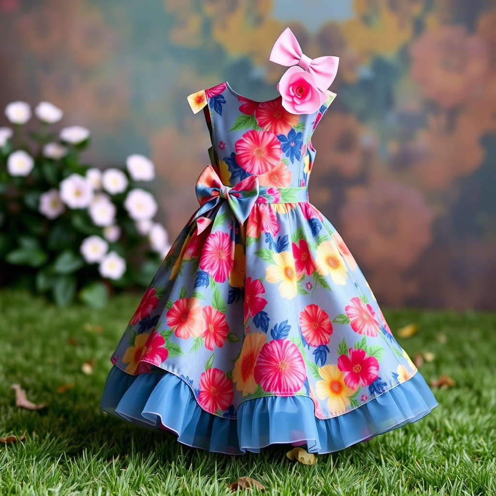 Vibrant floral dress for little girls with layered skirt and bow details