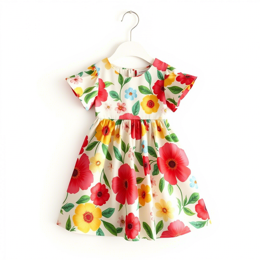 Vibrant floral dress for little girls with white background