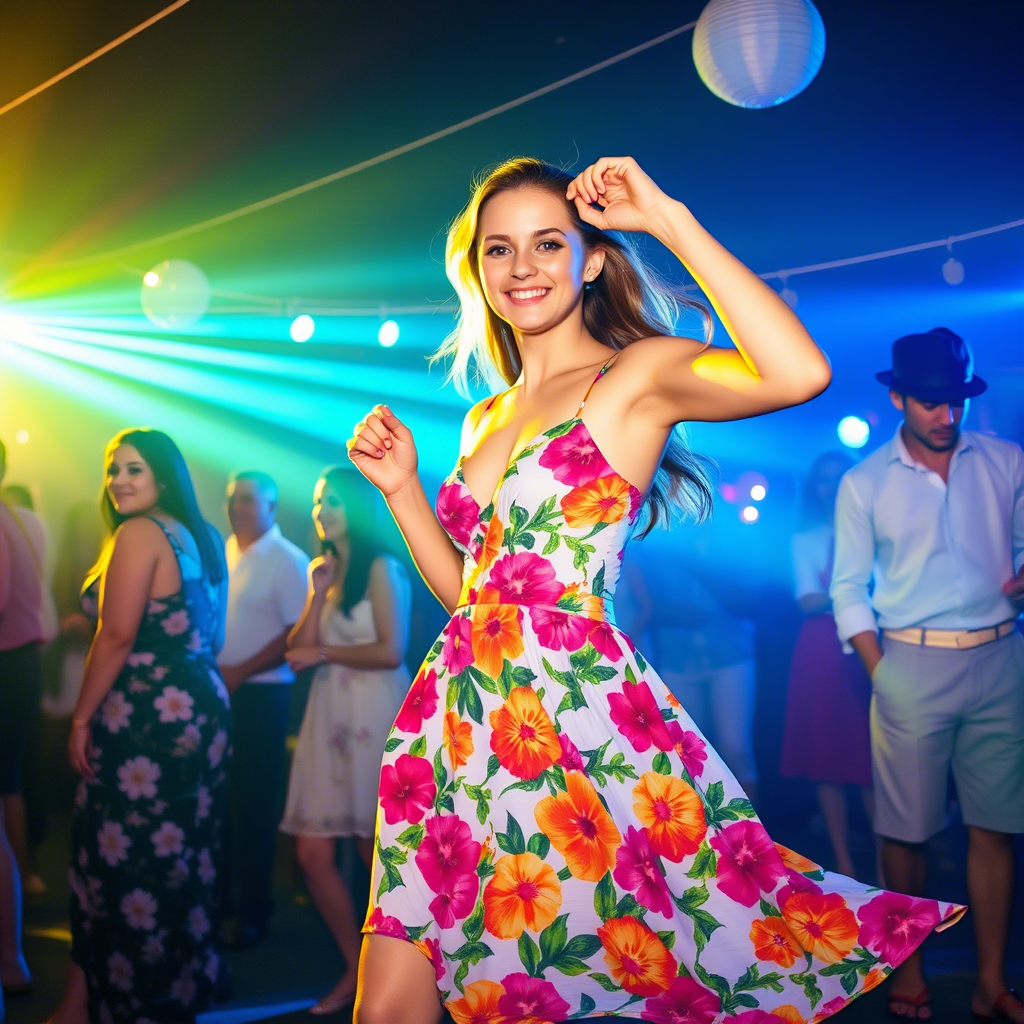 Vibrant floral dress on a young woman dancing at a summer party