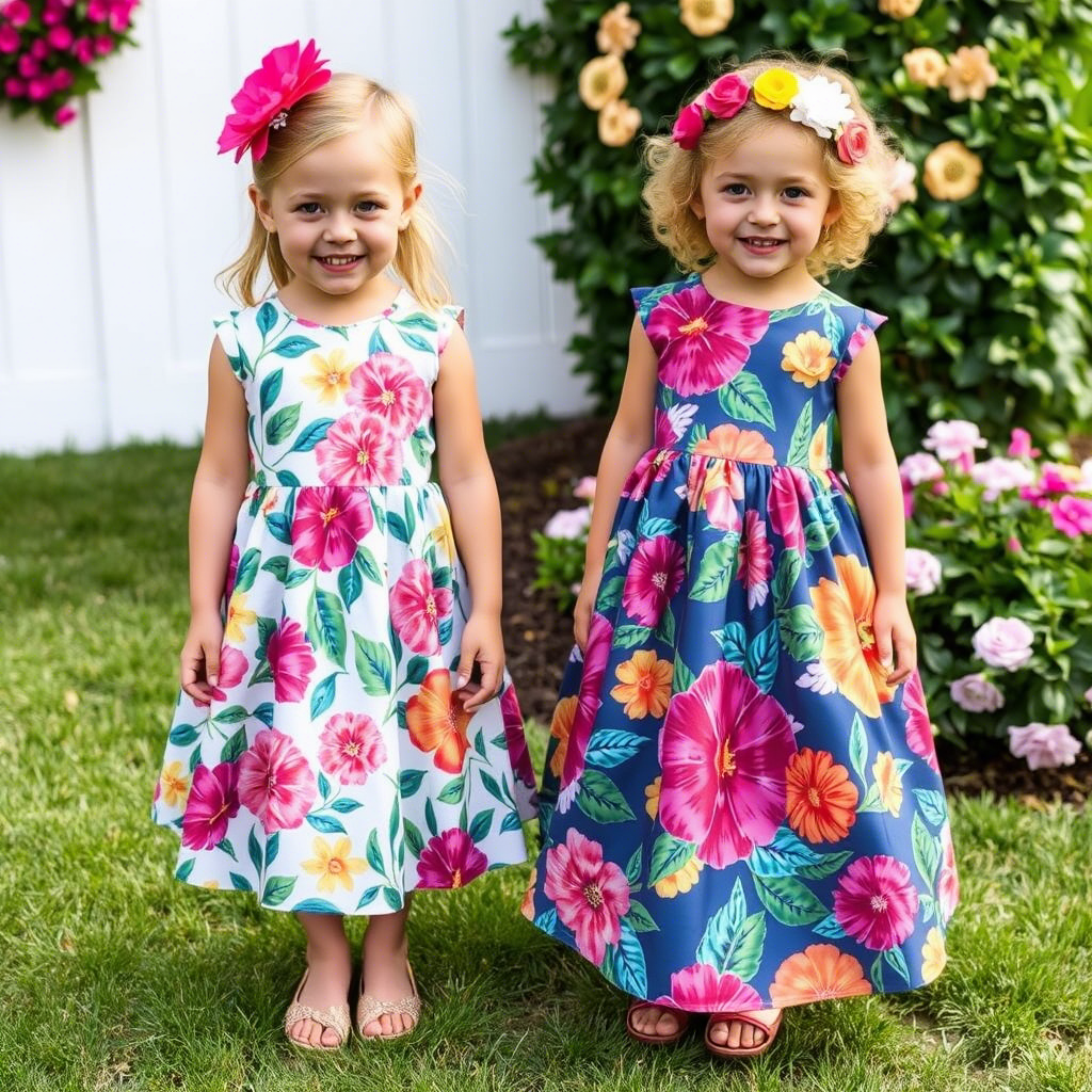 Vibrant floral patterns on custom kids’ dresses for a garden party