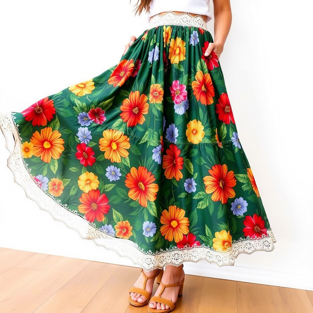 Vibrant floral skirt with delicate lace trim and sandals