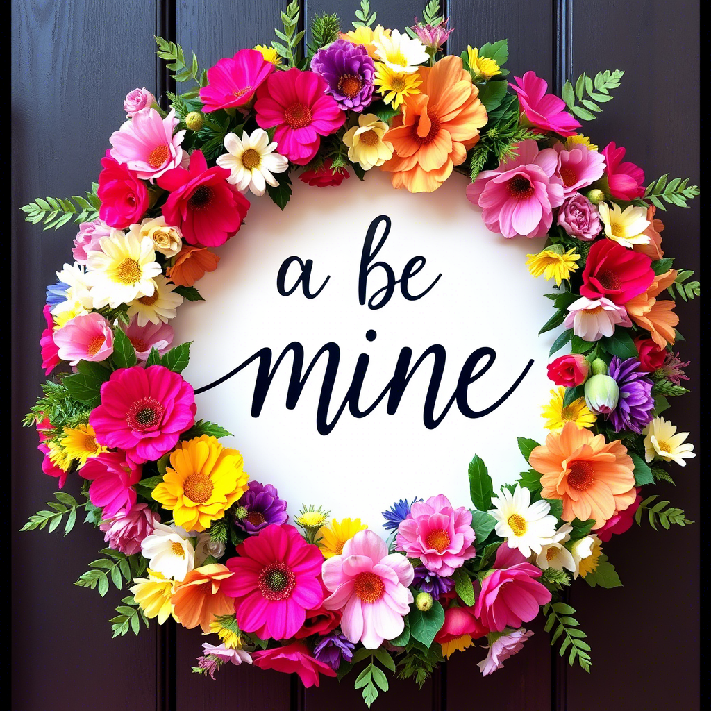 “Vibrant floral wreath surrounding a ‘Be Mine’ sign