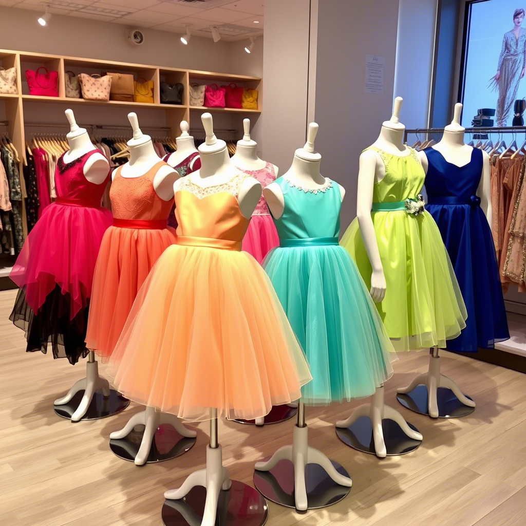 Vibrant girls party dresses on mannequins in a boutique store
