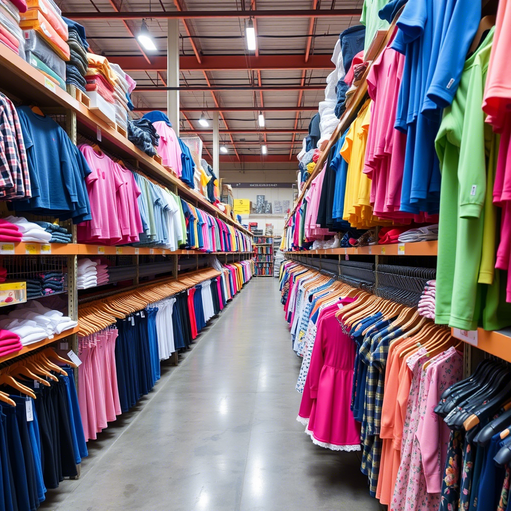 Vibrant kids’ apparel displayed on shelves in a bustling wholesale warehouse