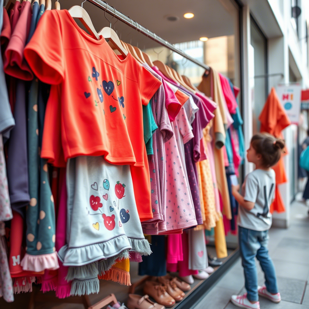 Vibrant kids’ apparel hanging on a clothing storefront for retailers to purchase
