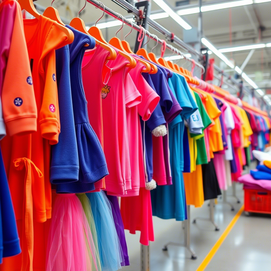 Vibrant kids’ apparel hanging on a production line in China