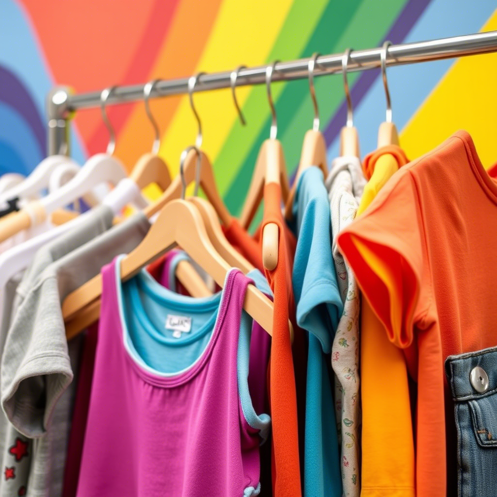 Vibrant kids apparel hanging on a rack with colorful background