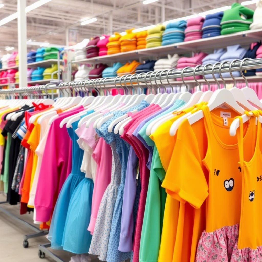 Vibrant kids’ apparel hanging on racks in a wholesale store