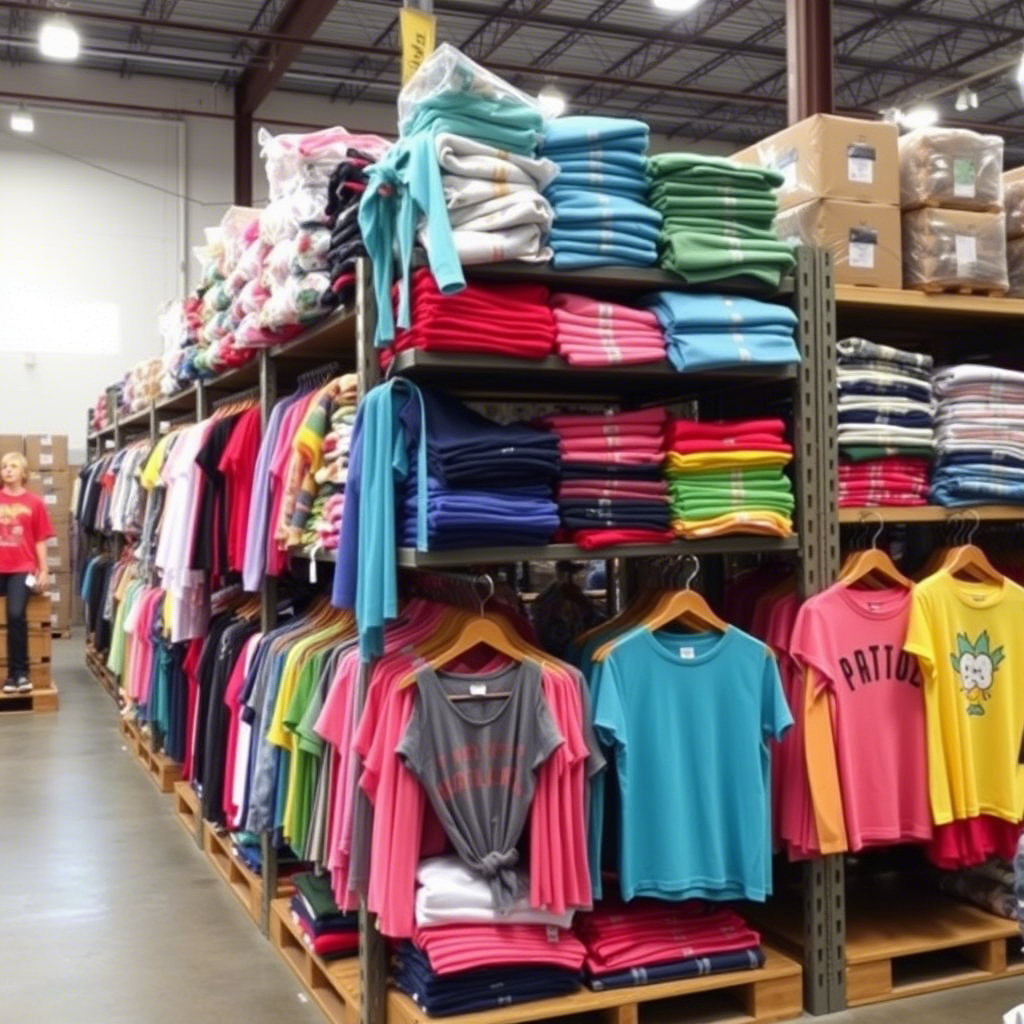 Vibrant kids’ apparel stacked on shelves in a distribution center