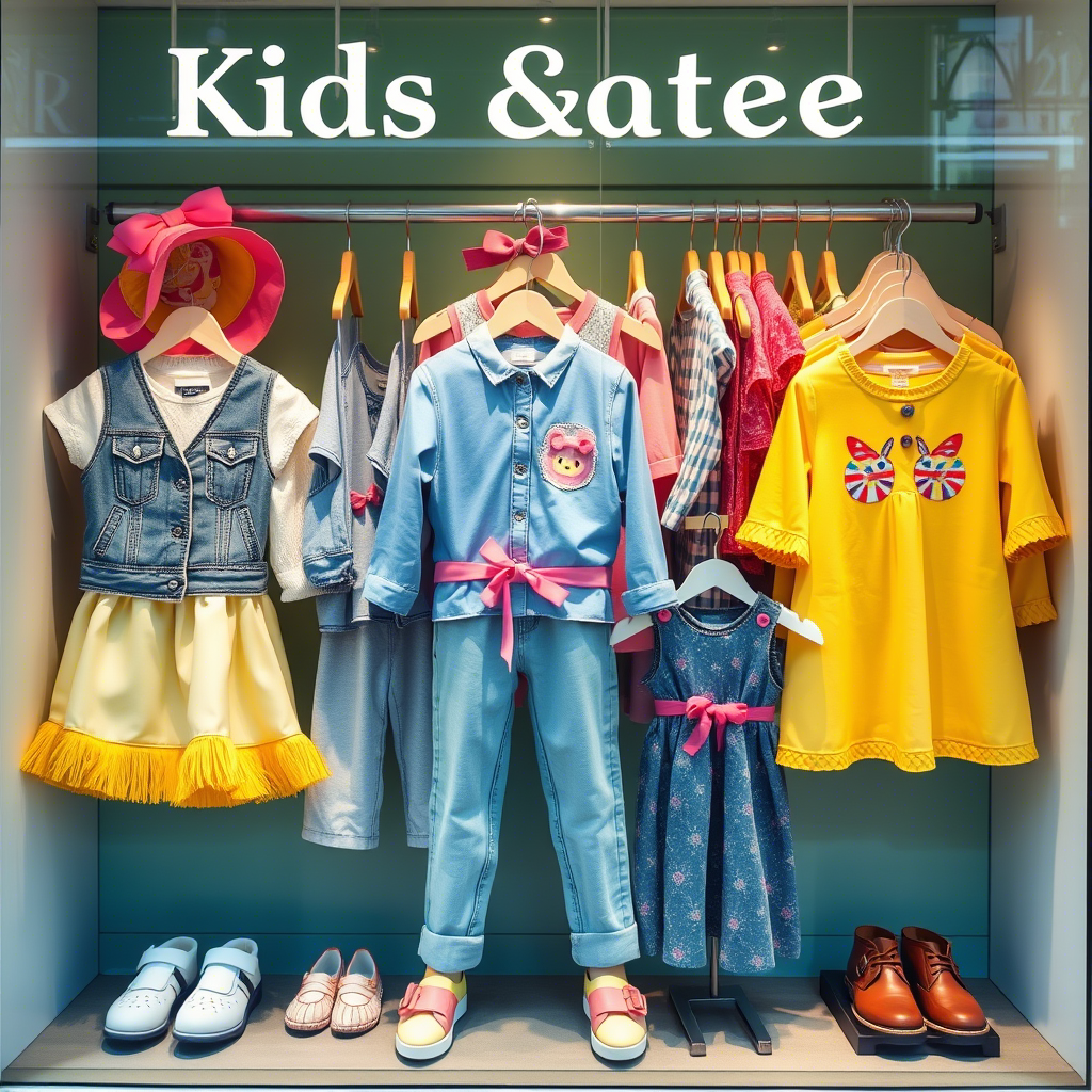 Vibrant kids’ clothing assortment for boutique storefront display