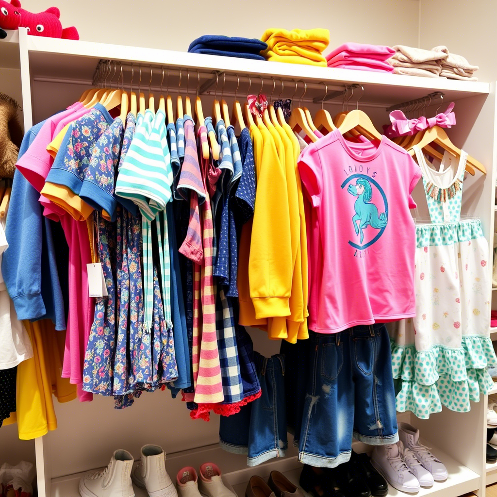Vibrant kids’ clothing assortment on a boutique store shelf