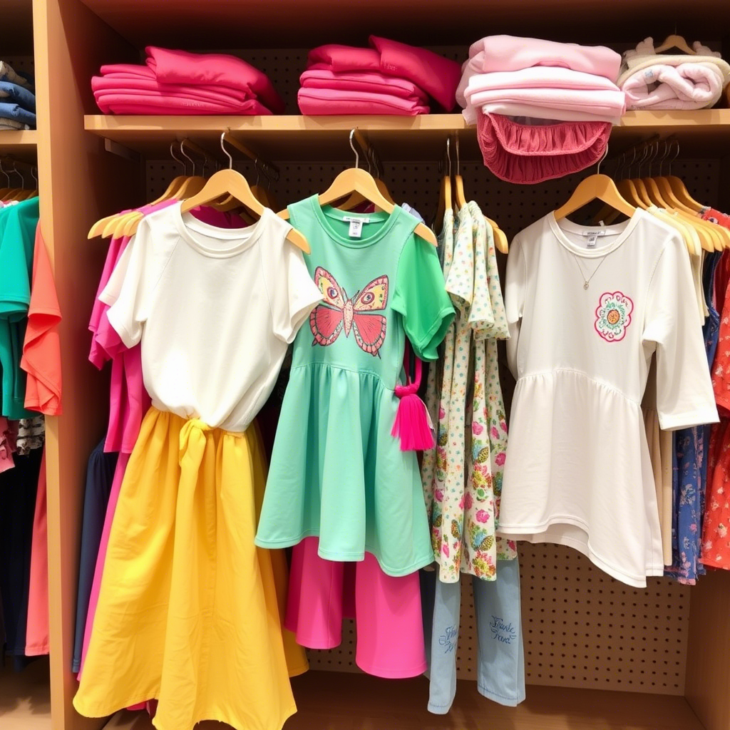 Vibrant kids’ clothing assortment on a retail store shelf