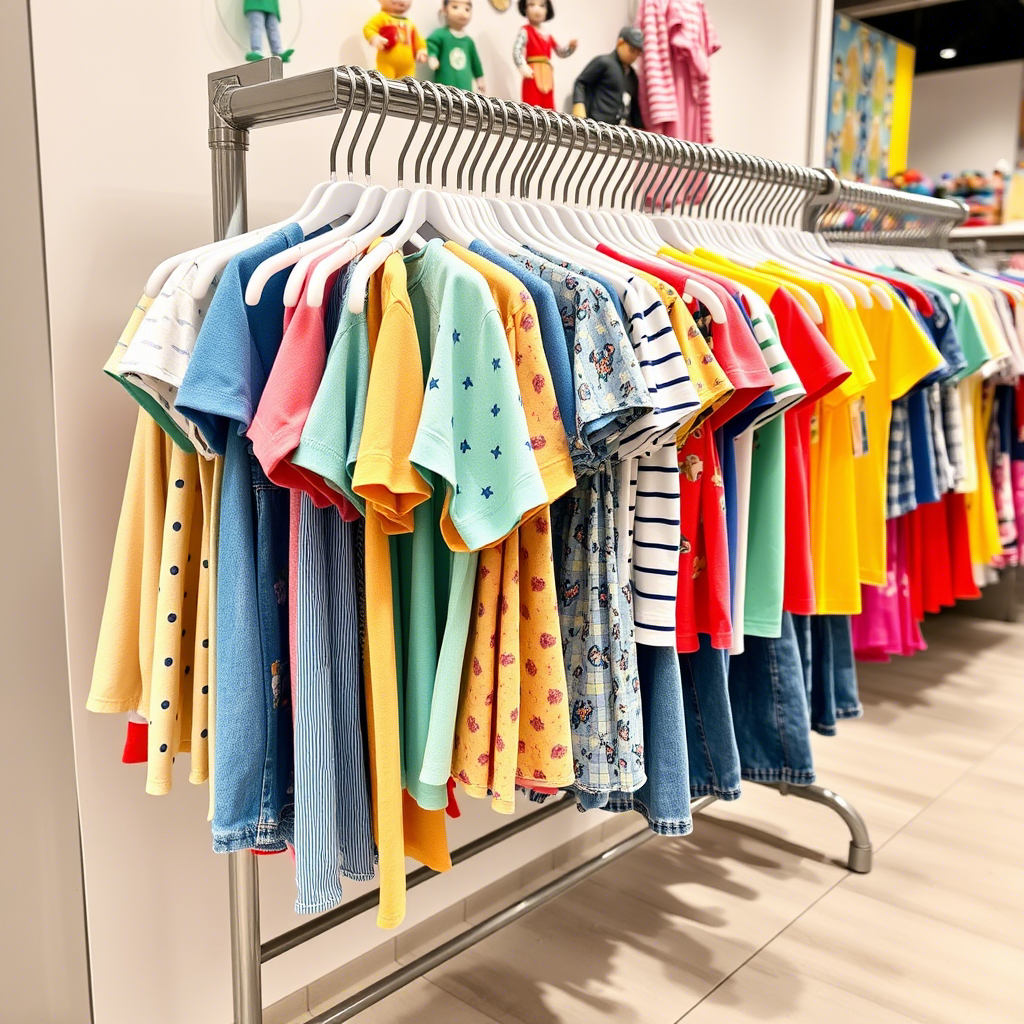 Vibrant kids clothing assortment on a store rack