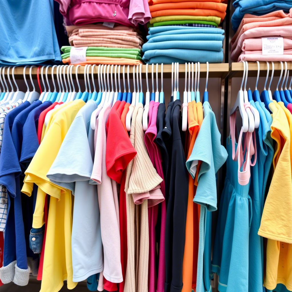 Vibrant kids’ clothing assortment on a wholesale rack