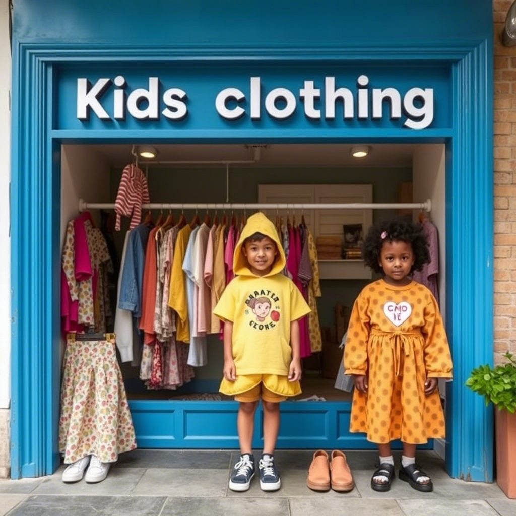 Vibrant kids’ clothing brand storefront with diverse outfits
