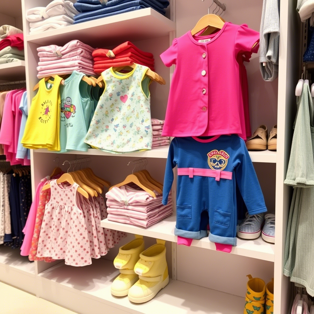 Vibrant kids’ clothing display on a boutique store shelf