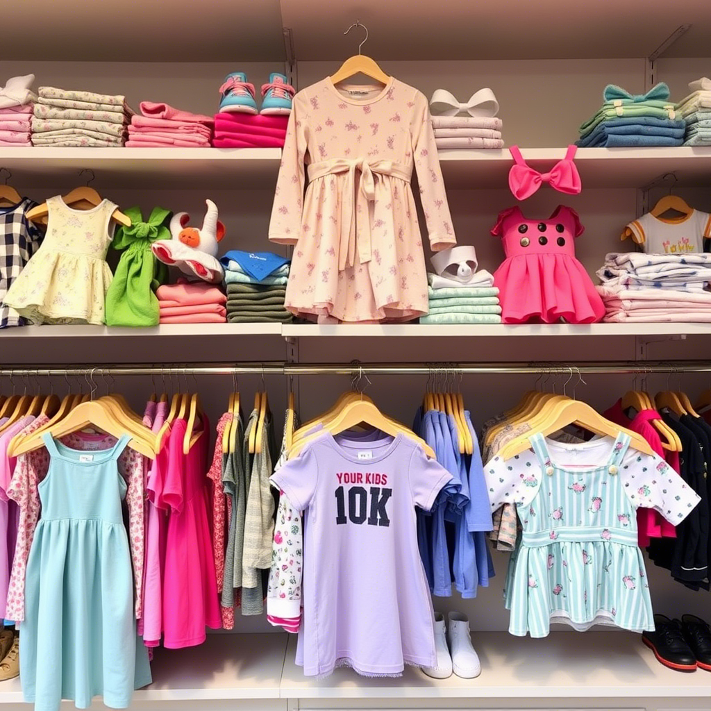 Vibrant kids’ clothing display on boutique store shelves