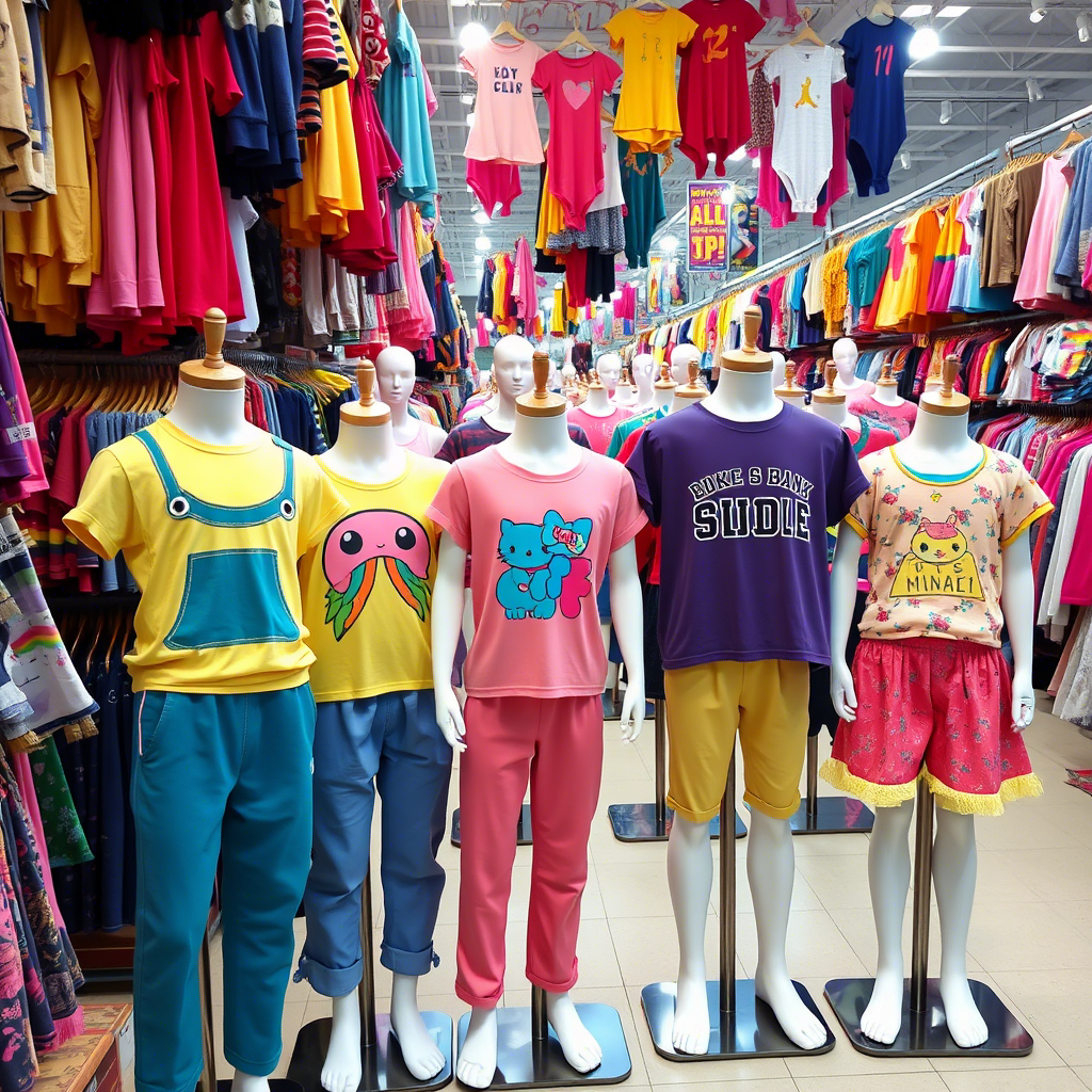 Vibrant kids clothing display on mannequins in a bustling wholesale market