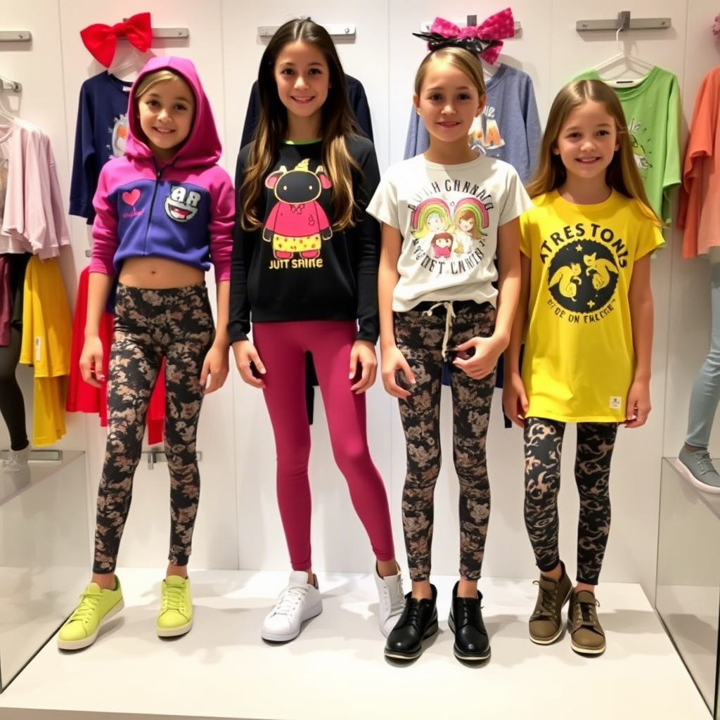 Vibrant kids clothing display with girls models in trendy leggings