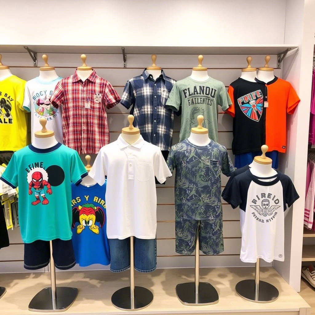 Vibrant kids clothing display with various boys shirts and tops on mannequins