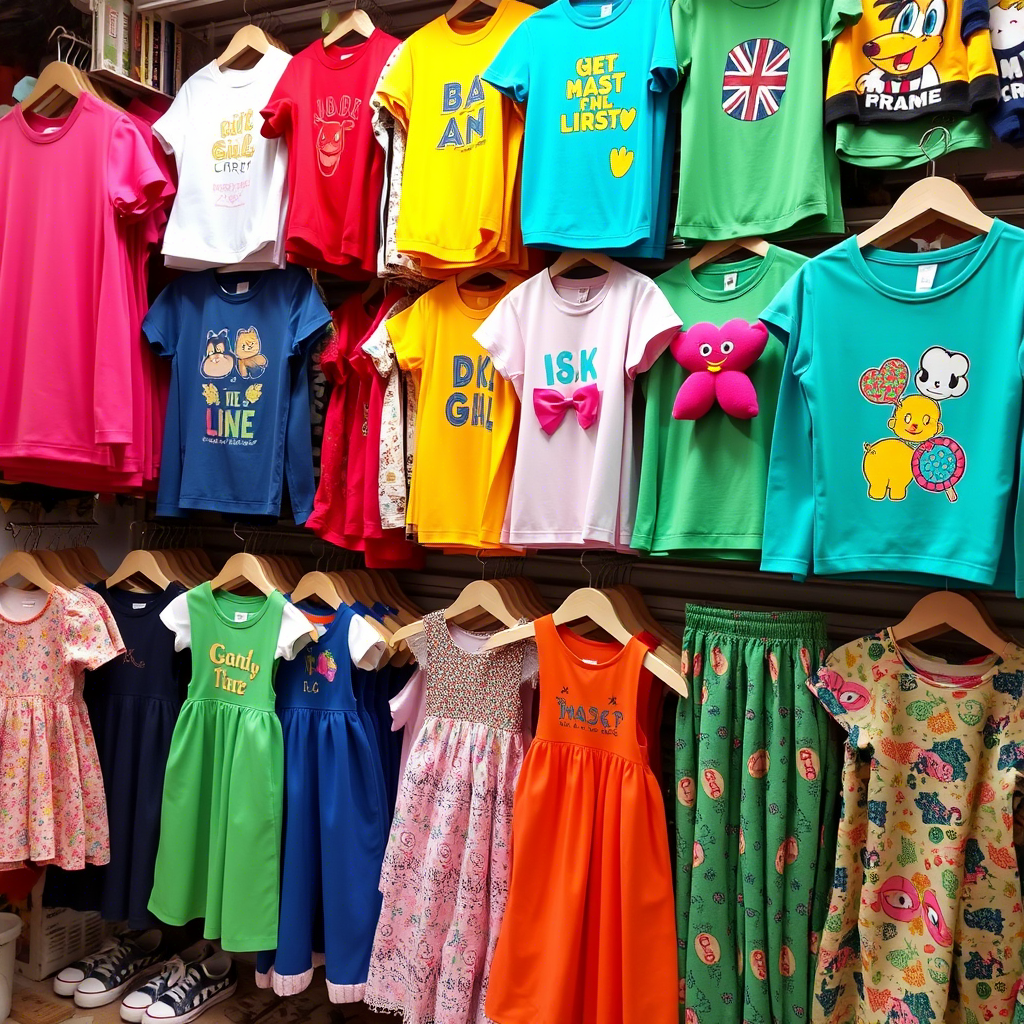 Vibrant kids’ clothing displayed in a Chinese wholesale market stall