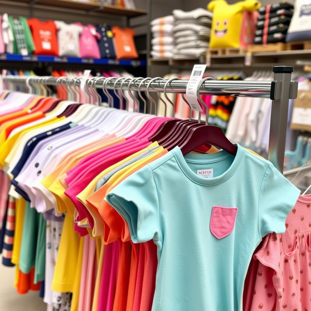 Vibrant kids clothing displayed on a rack in a wholesale store