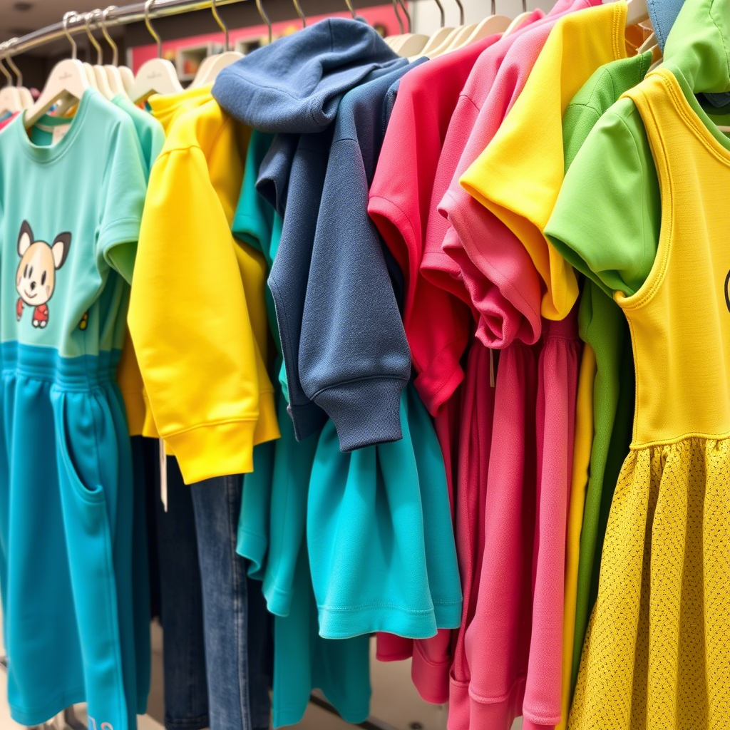 Vibrant kids clothing displayed on a store rack
