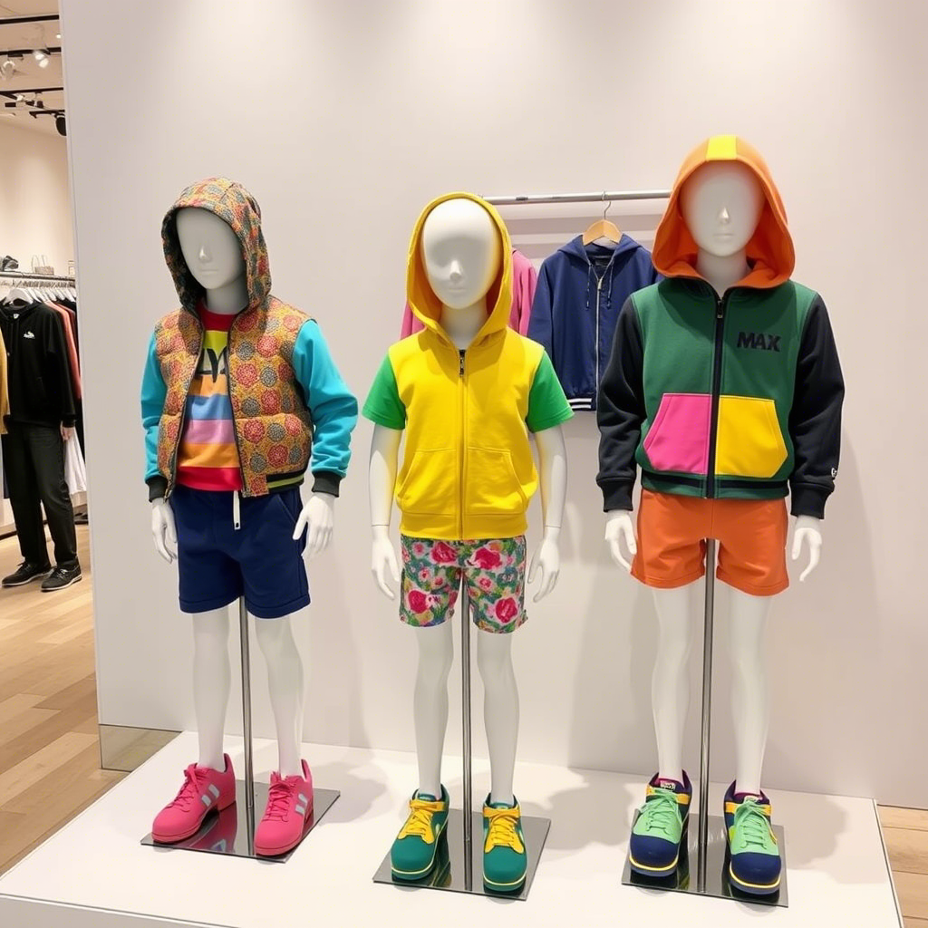 Vibrant kids clothing displayed on mannequins for brand showcase
