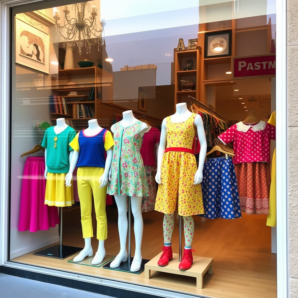 Vibrant kids’ clothing displayed on mannequins in a boutique storefront