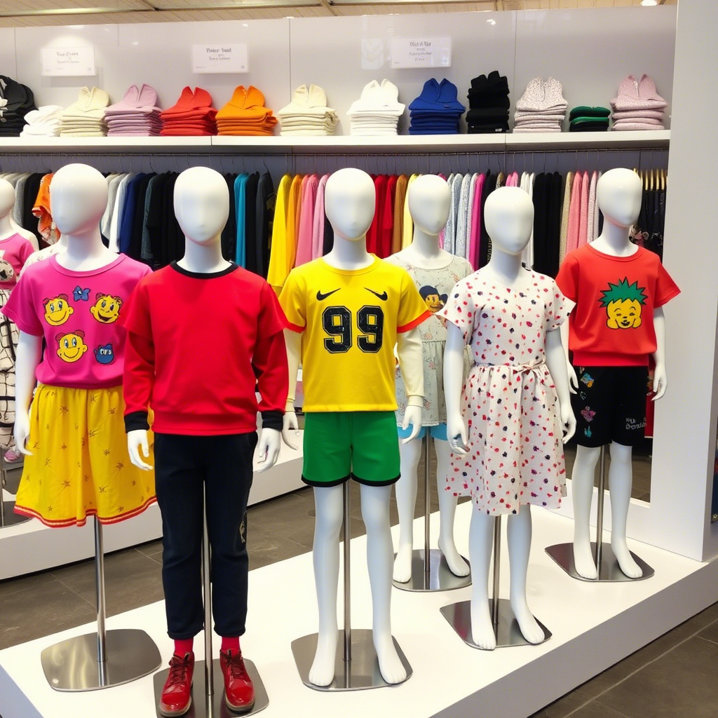 Vibrant kids’ clothing displayed on mannequins in a wholesale showroom