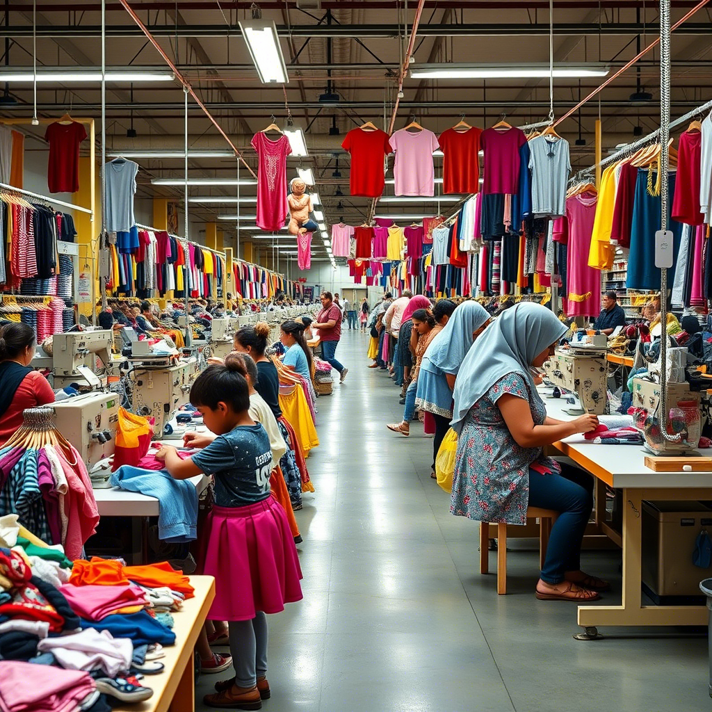 Vibrant kids clothing factory in USA with busy workers