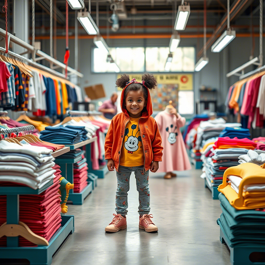 Vibrant kids’ clothing factory in USA with diverse apparel