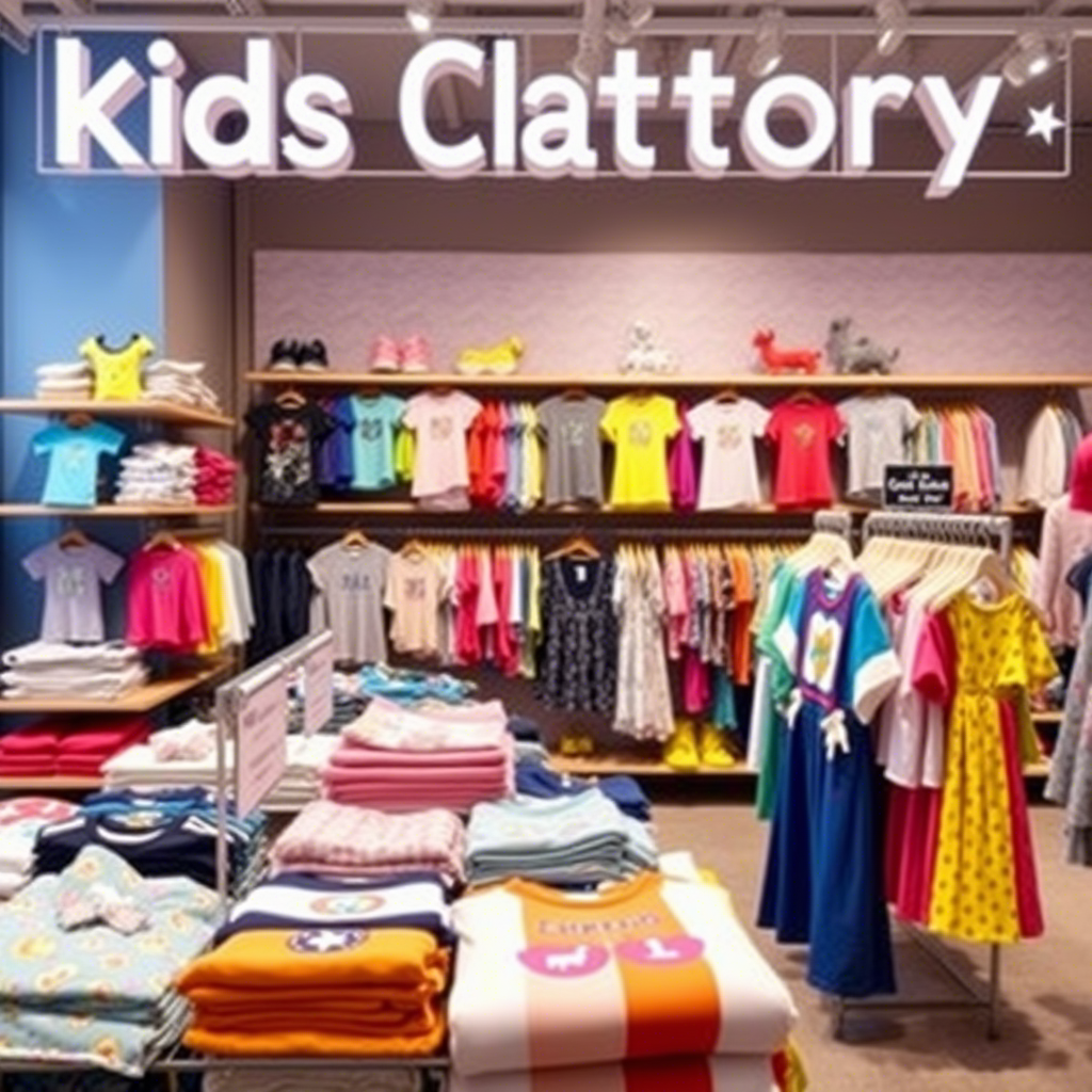 Vibrant kids’ clothing factory outlet with colorful fabrics and playful designs