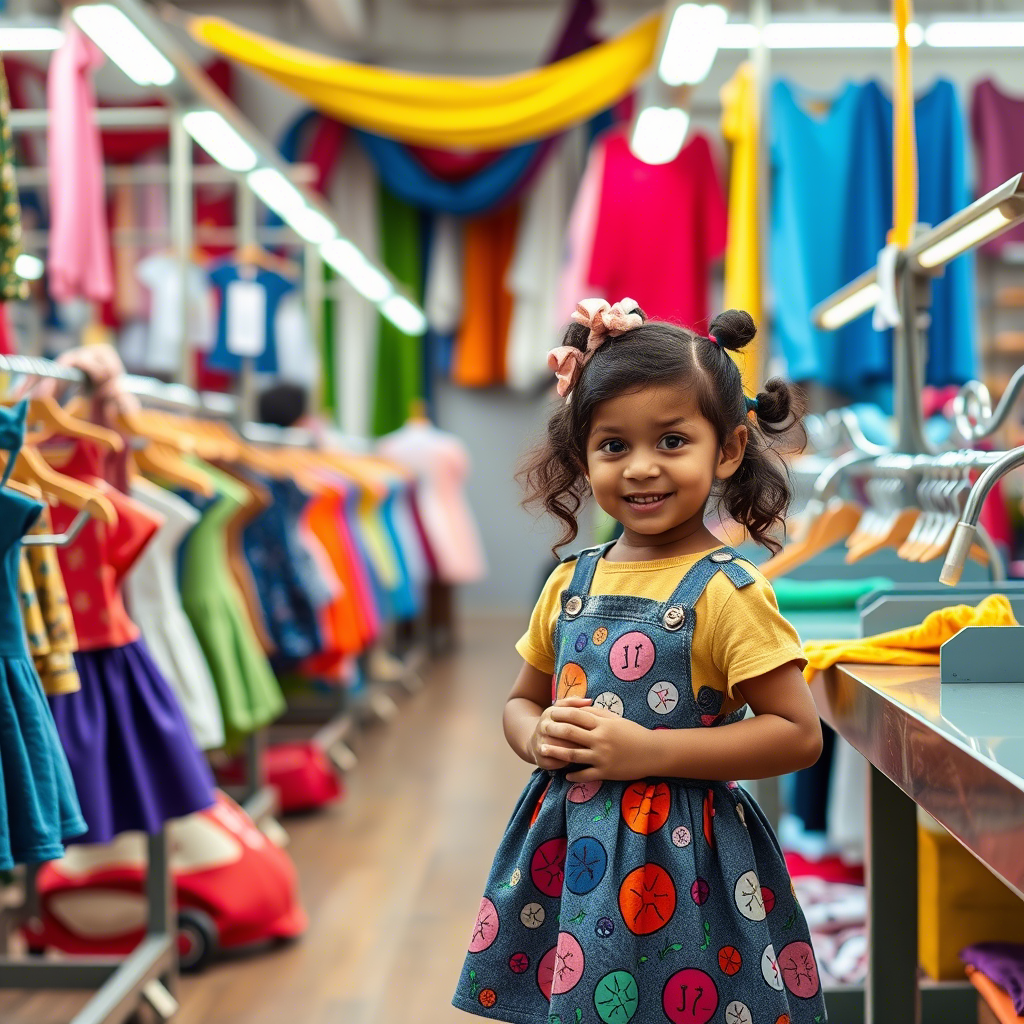 Vibrant kids clothing factory with colorful fabrics and playful designs