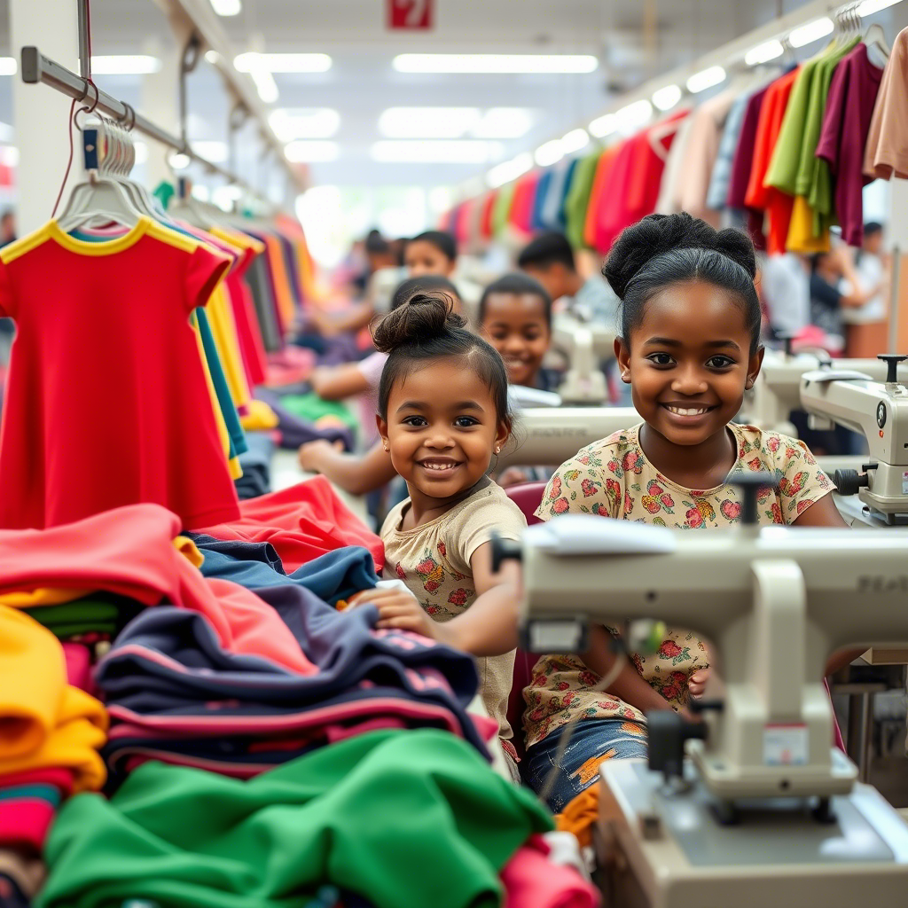 Vibrant kids’ clothing factory with colorful fabrics and smiling workers
