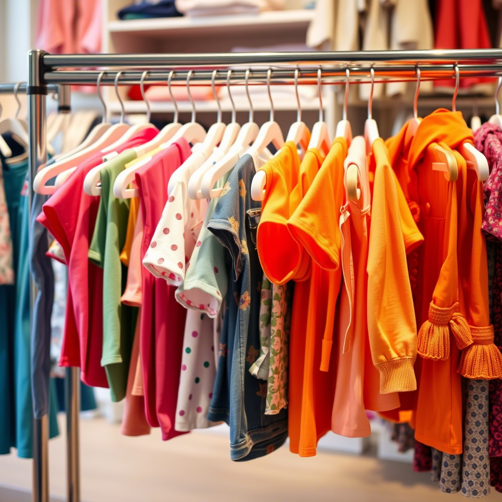 Vibrant kids clothing hanging on a boutique store rack