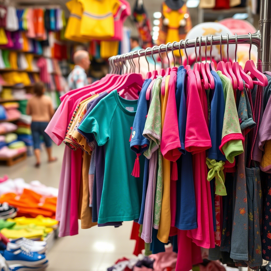 Vibrant kids clothing hanging on a rack in a bustling wholesale market