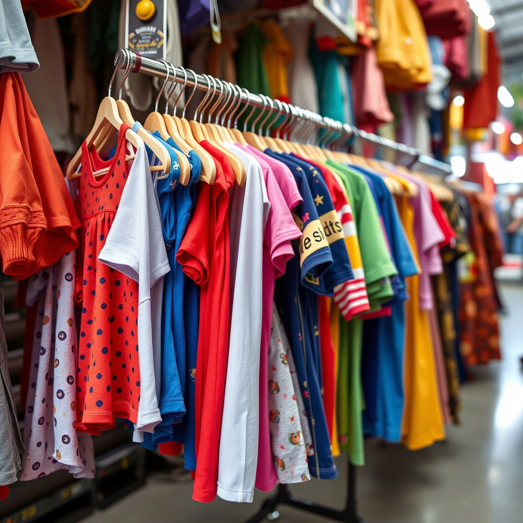 Vibrant kids clothing hanging on a rack in a bustling wholesale market