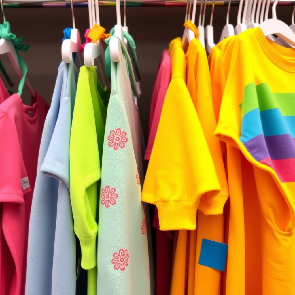 Vibrant kids clothing hanging on a store rack with colorful tags
