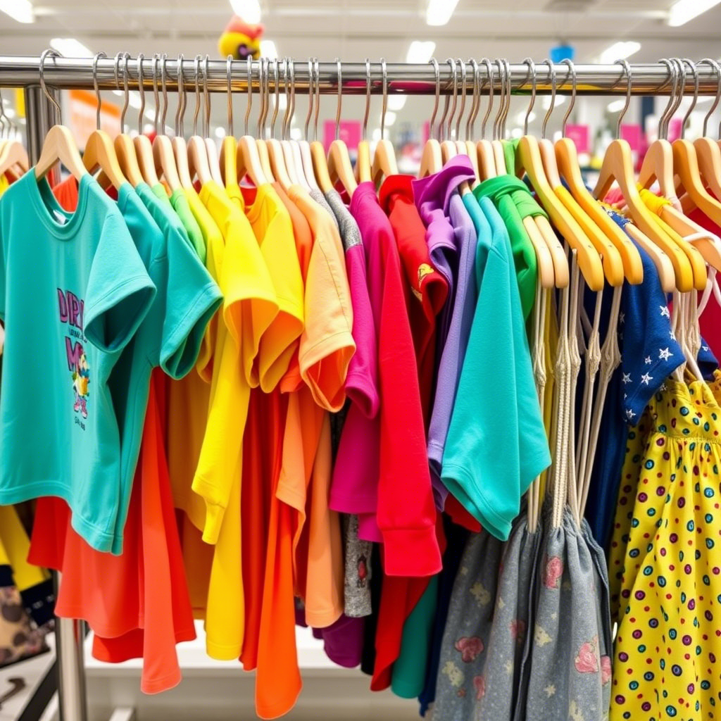 Vibrant kids clothing hanging on a store rack