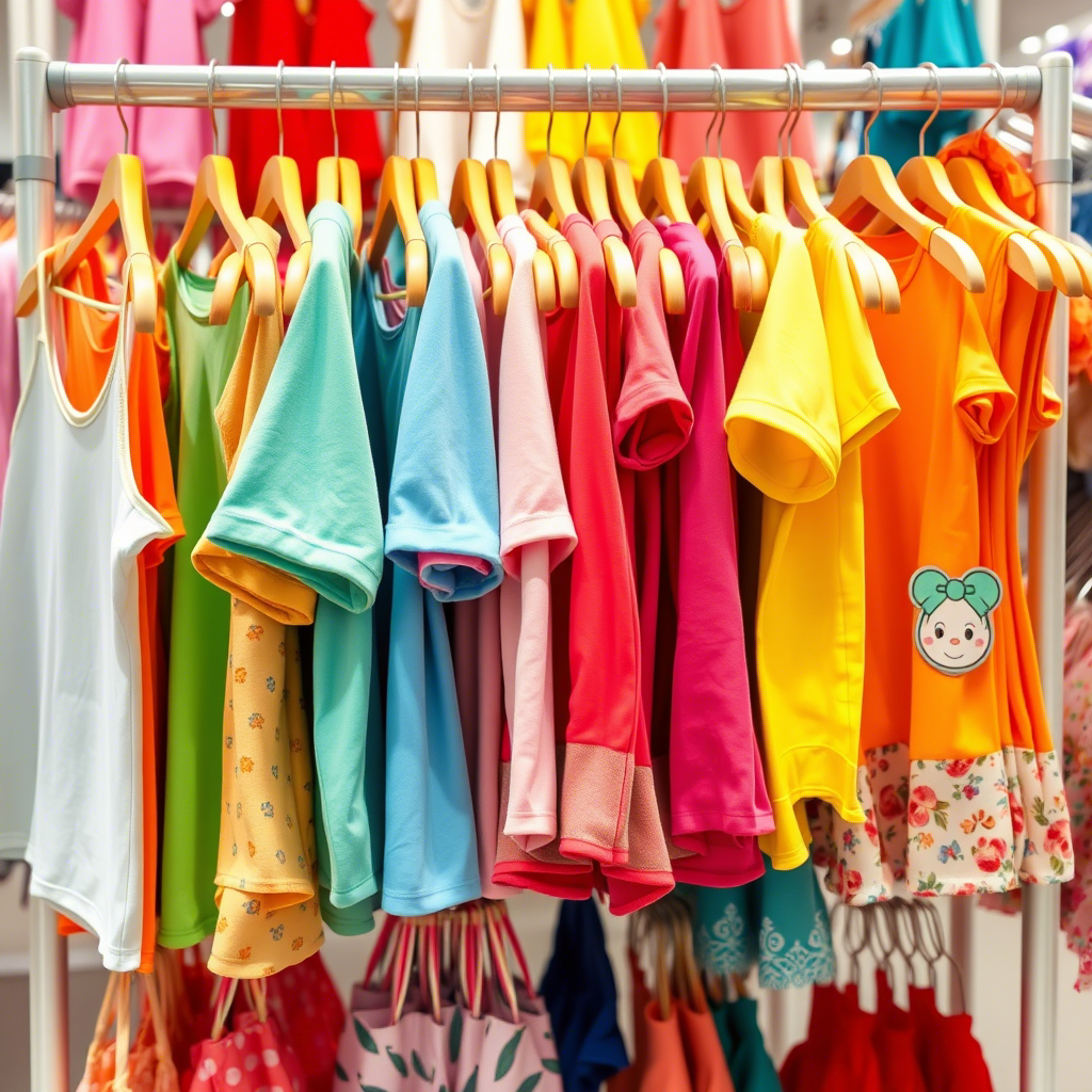 Vibrant kids’ clothing hanging on a wholesale clothing rack